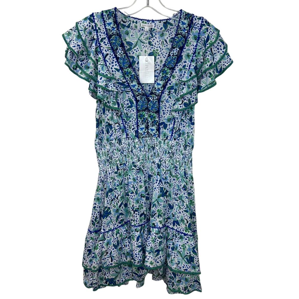 Poupette St Barth, NWT 'Camila' Mini Dress, Floral Ruffle, Blue Monaco, Medium - Picture 3 of 15